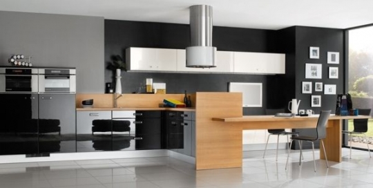 Contemporary black and wood grain style kitchen design and kitchen cabinets