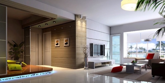 Modern minimalist living room design with nice plaster ceiling and floor tiles