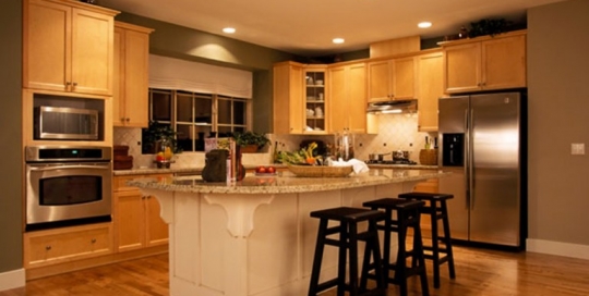 Modern wood theme kitchen cabinets with marble countertop kitchen design